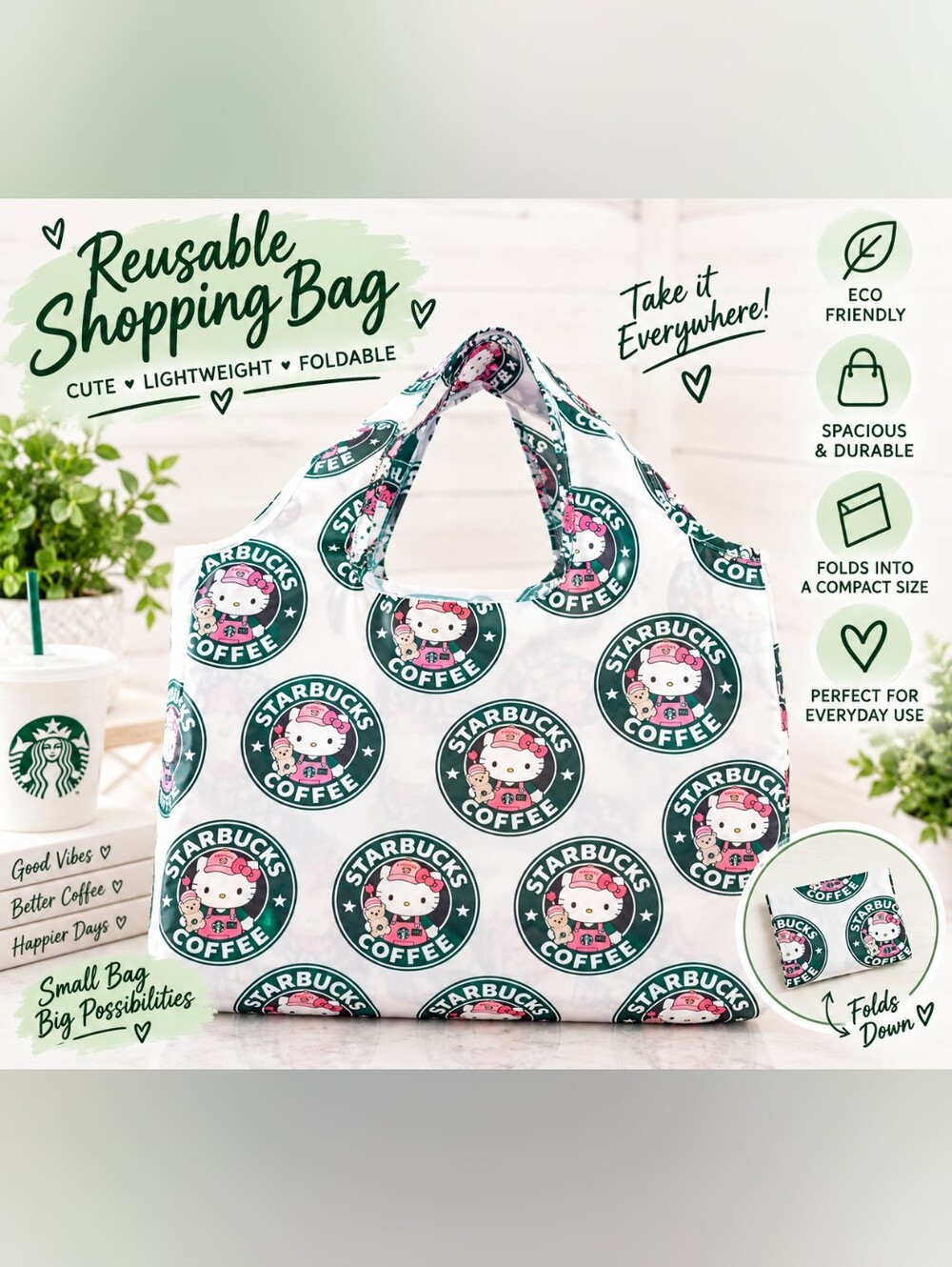 Reusable White & Green Logo Print Shopping Bag